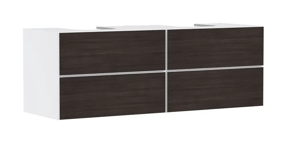 Waschtischunterschrank von Hansgrohe mit vier Schubkästen in Mattweiß und Holzoptik, geeignet für Aufsatzwaschtische. Klares, funktionales Design ohne sichtbare Griffe.